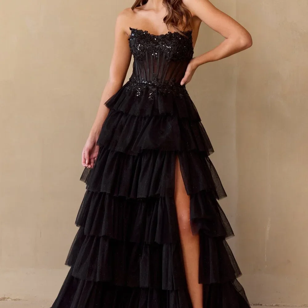 black military ball dress Faviana Long Beaded Black Prom Dress